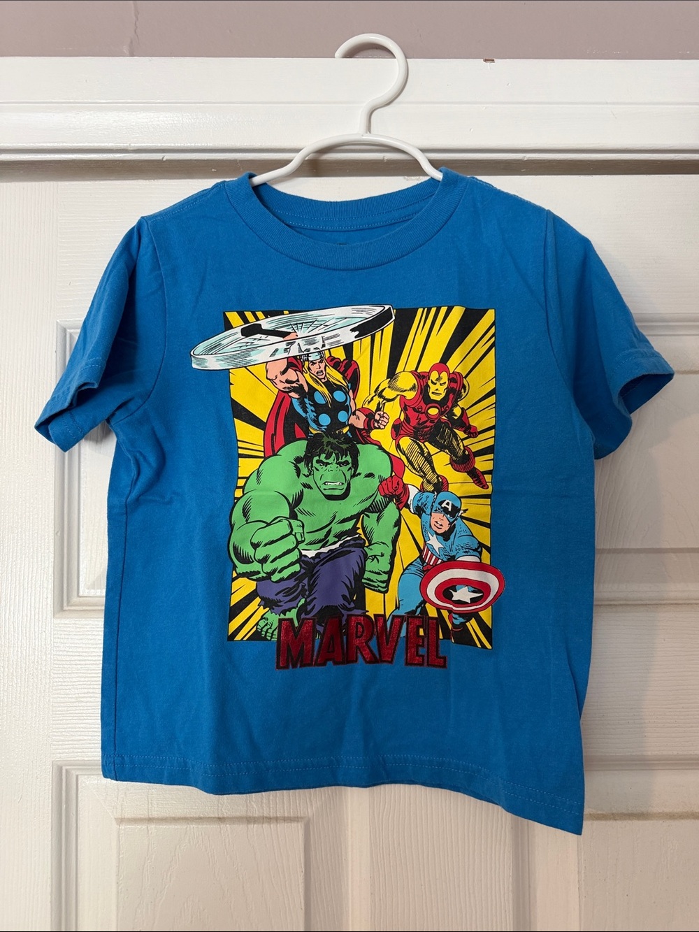 Marvel Kids Tee - Bright Blue with Colorful Superhero Print